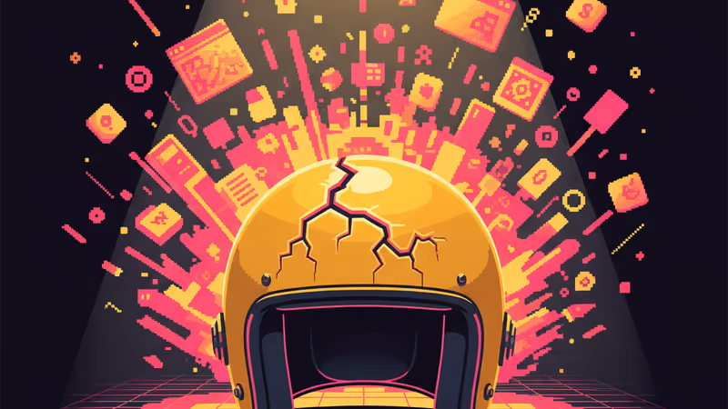 금이 간 노란색 스턴트 헬멧이 무대 위 조명을 받는 모습