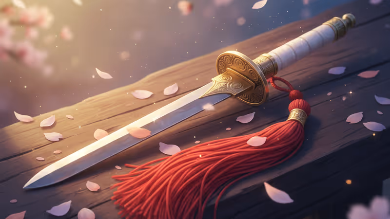 사극 액션 영화를 상징하는 붉은 장식의 한국 전통 검