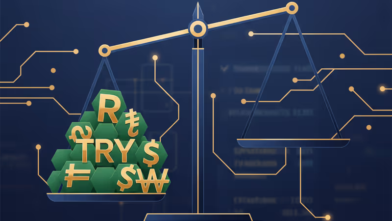 新興国通貨のシンボルと下落を示す赤い矢印が描かれたデジタル画面