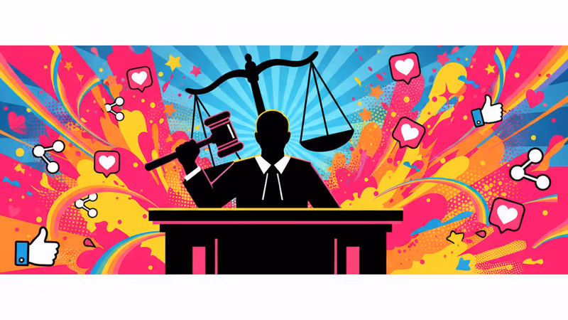 在法院建築前背身而立、身穿法袍的判官剪影。