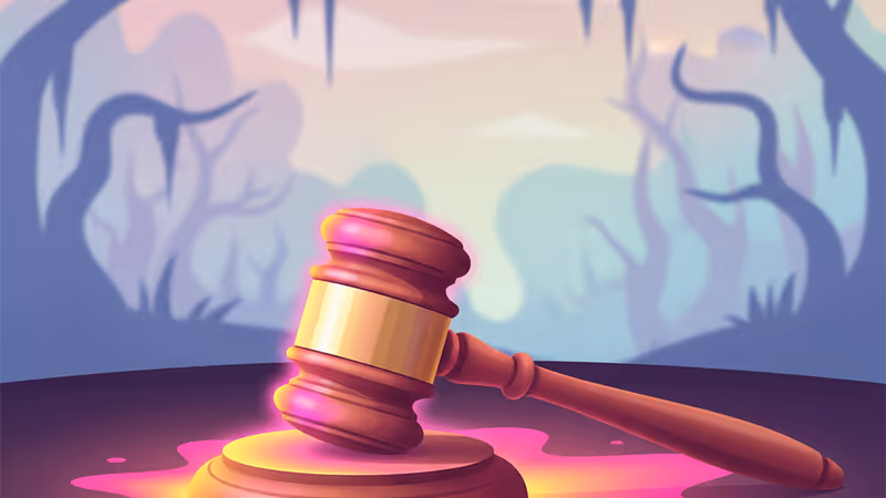 フロリダ州の法廷にある裁判官の木槌と事件資料