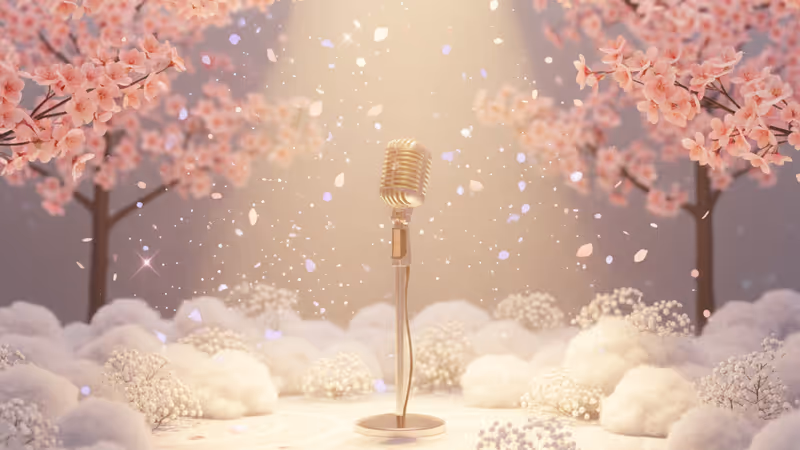 A single microphone on stage with flowers in memory of Hannah
