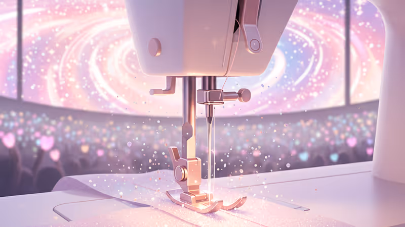 화려한 무대 의상을 재봉하는 재봉틀의 모습