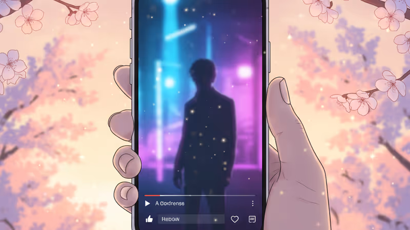 Smartphone displaying a social media feed with neon lights reflecting on the screen.