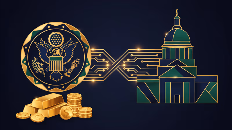 법원 망치와 디지털 시장 그래프가 겹쳐진 모습