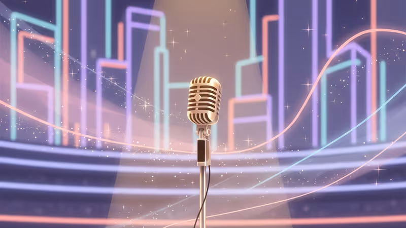 텅 빈 무대 위 조명을 받고 있는 마이크 스탠드