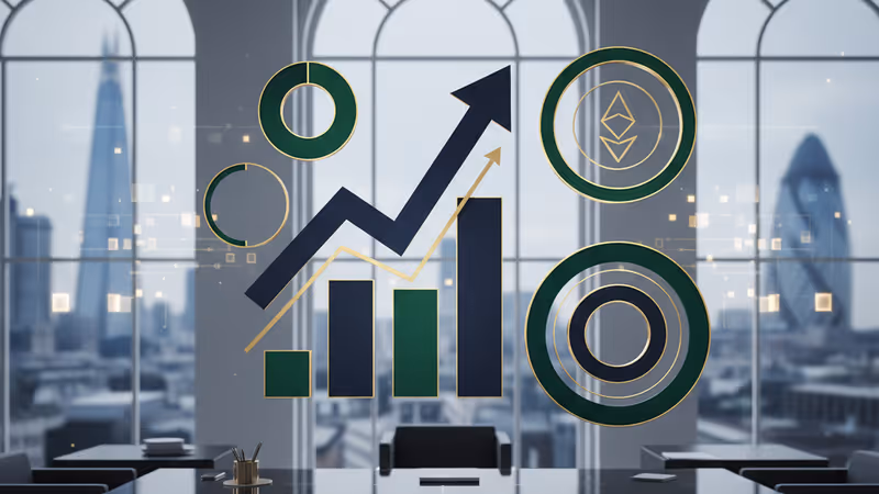 Karatage 倫敦總部辦公室背景與數位化成長圖表