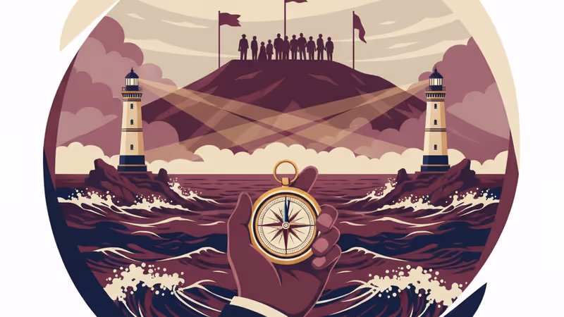 ニューヨークの街並みを背景に、左右のバランスを取るホークル知事のイメージ