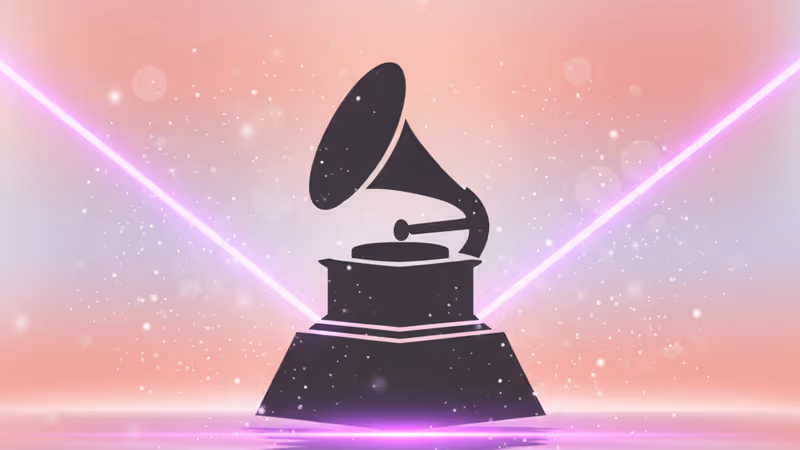 GRAMMY trophy silhouette with purple stage lights