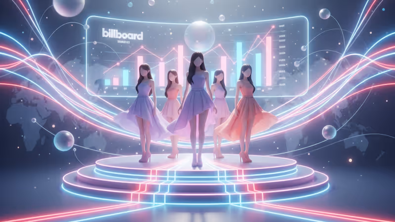 Katseye members on stage with Billboard chart data overlay