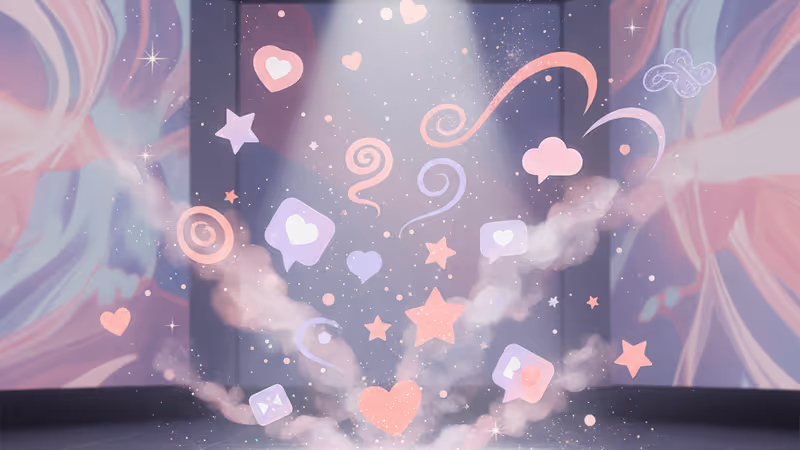 캣츠아이 멤버들의 공연 모습과 소셜 미디어 트렌드를 상징하는 이미지