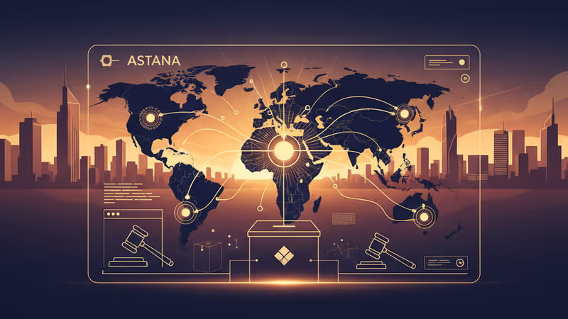 Digital map of Eurasia with AI connection nodes over a modern city
