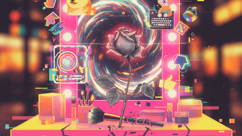 화려한 조명 아래 놓인 메이크업 도구와 추모의 분위기