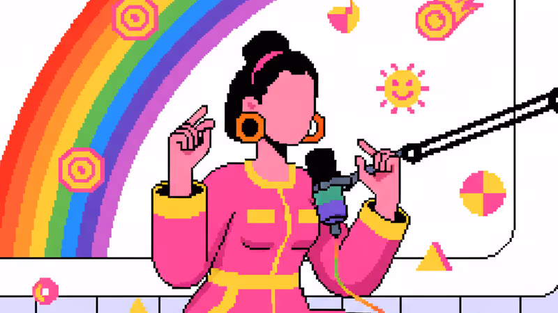 팟캐스트 스튜디오에서 마이크를 앞에 두고 인터뷰에 응하는 모델의 모습