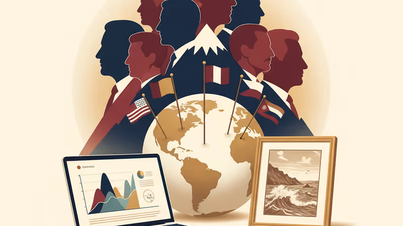 서재 책상 위에 놓인 노트북과 펜 그리고 풍경 사진