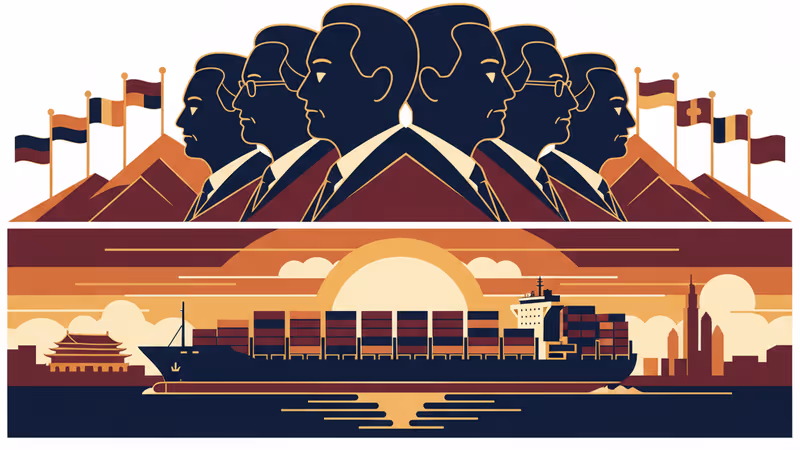 케냐와 중국의 국기 뒤로 커피 원두가 놓인 무역 협정 상징 이미지