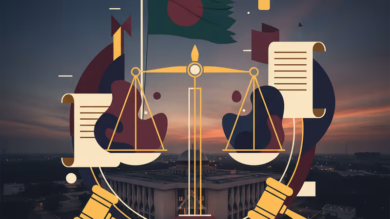 Aerial view of Bangladesh Parliament with flag at half-mast