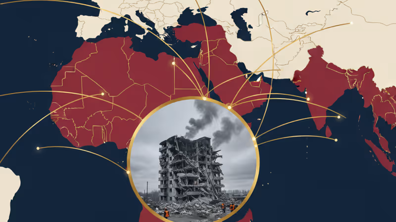 救援人員在哈爾科夫受損住宅樓的廢墟中進行搜救