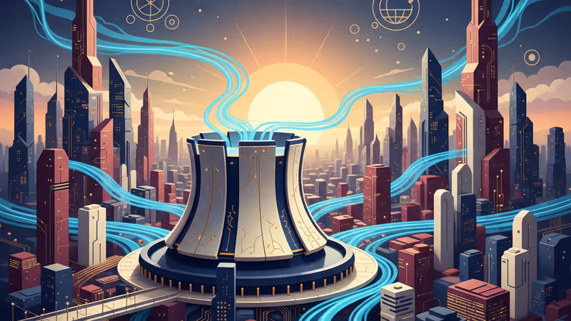 韓國核電廠外觀與現代化輸電網路示意圖