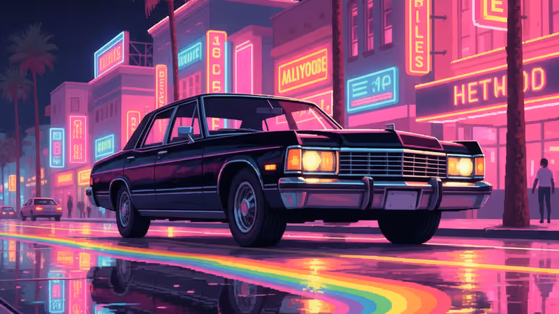 夜のハリウッドでパトカーの光が反射する黒い車両の風景