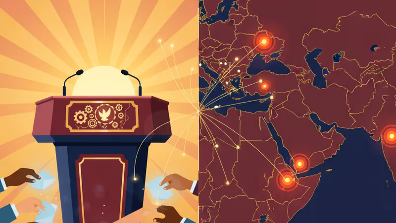 중동 지도와 외교적 상징물이 놓인 전문적인 배경