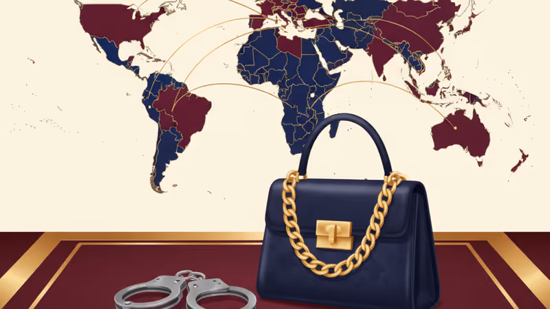 Handcuffs and a luxury handbag on a courtroom table