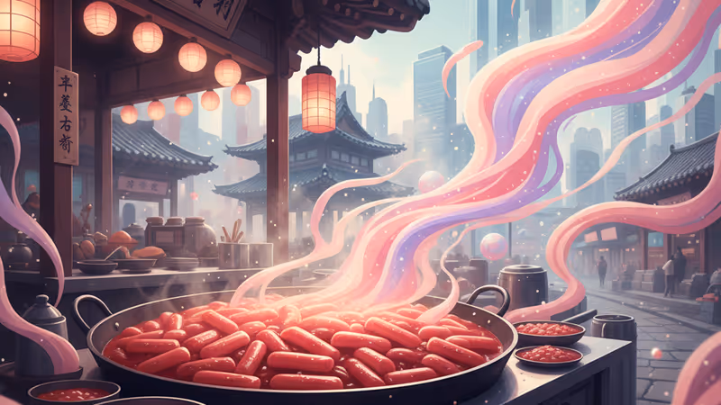 어두운 분위기의 식당 테이블 위에 놓인 김이 모락모락 나는 떡볶이