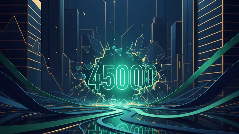 코스피 4500 돌파를 알리는 전광판과 여의도 금융가 전경