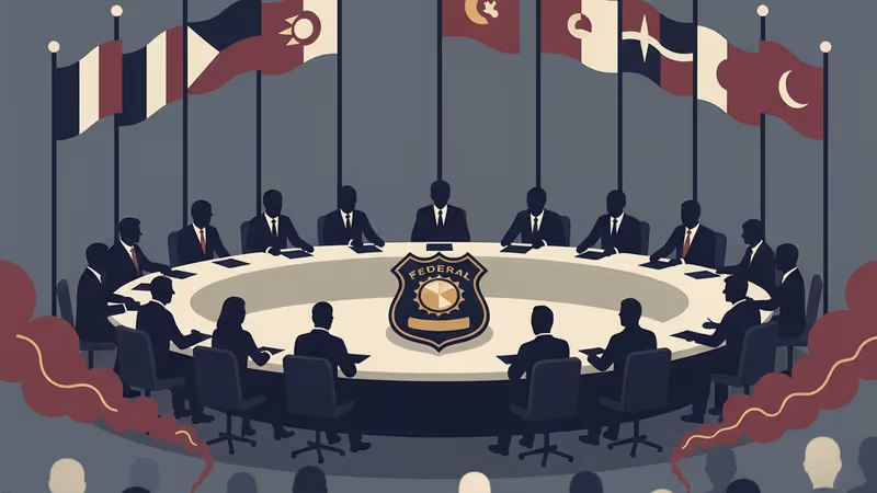 連邦執行機関のバッジと緊急車両の光が重なる緊迫したイメージ