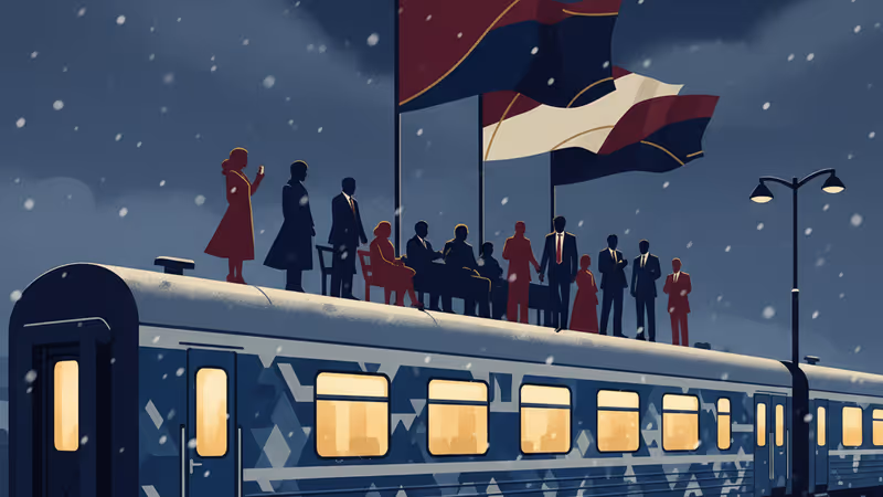 The warm glow of an Invincibility Train at a snowy Kyiv station.