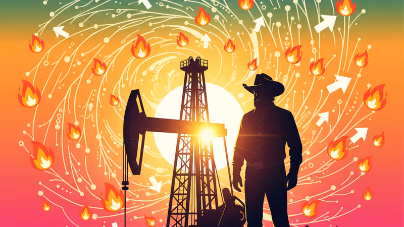 戴著牛仔帽的男子在黃昏時分俯瞰德州廣闊的石油田