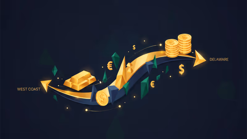 캘리포니아에서 델라웨어로 이동하는 자산 이전을 형상화한 지도 이미지