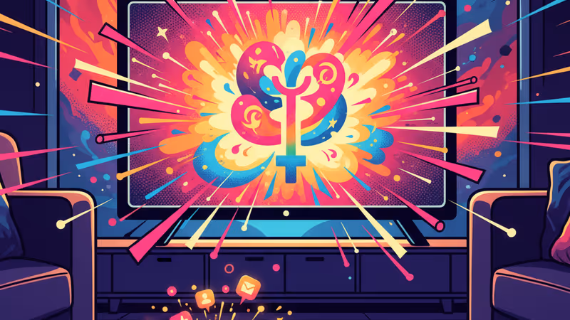 거실 TV 화면에 비친 사이언톨로지 광고와 이를 보도하는 뉴스