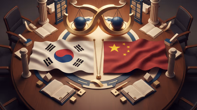 대한민국과 중국의 국기가 배치된 북한 인민대회당 전경