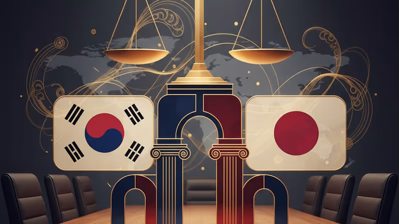 The South Korean and Japanese flags on a summit table in Nara, Japan