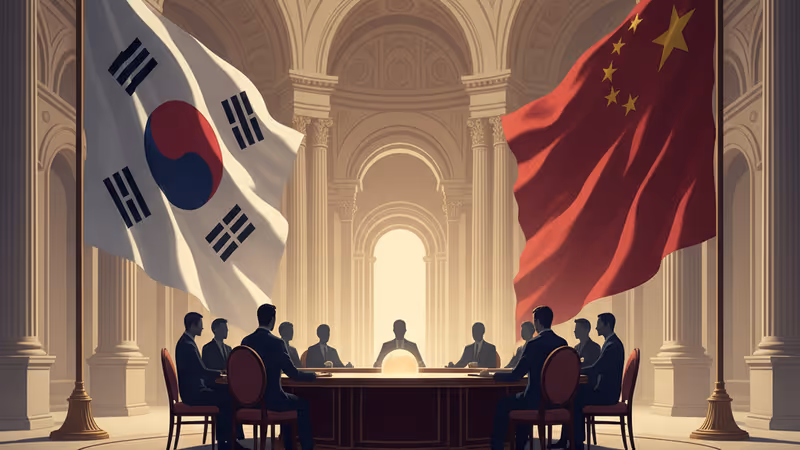 대한민국과 중국 국기가 나란히 배치된 외교 회담장 전경