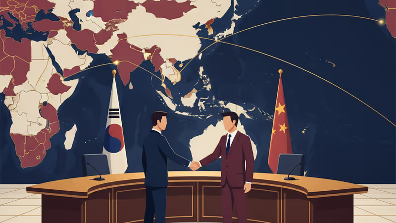 南韓與中國國旗在會談廳內並列