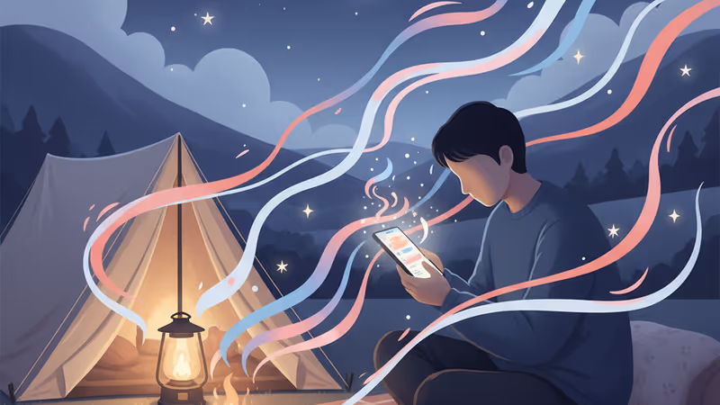 夜のキャンプ場に置かれた椅子と、消えかけたランタンの風景