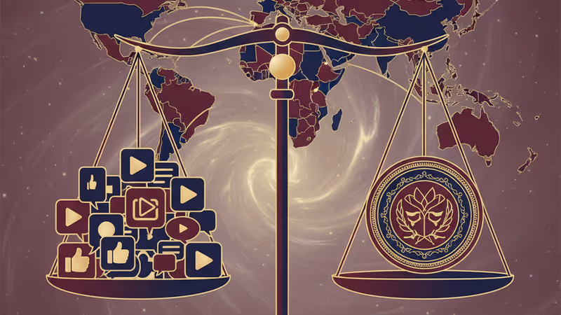 법원 가발과 소셜 미디어 아이콘이 표시된 스마트폰