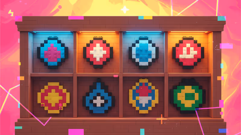 The Lego Pokémon Kanto Region Badge Collection in its display case