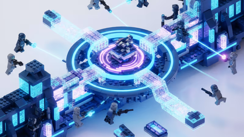 Close-up of a glowing Lego Smart Brick with Star Wars minifigures