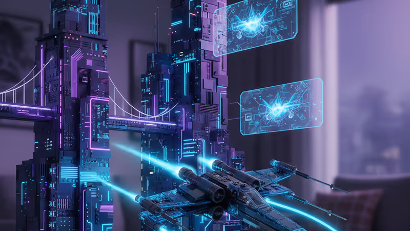 LEDで光るレゴのXウィングと、それを持って遊ぶ子供の手元