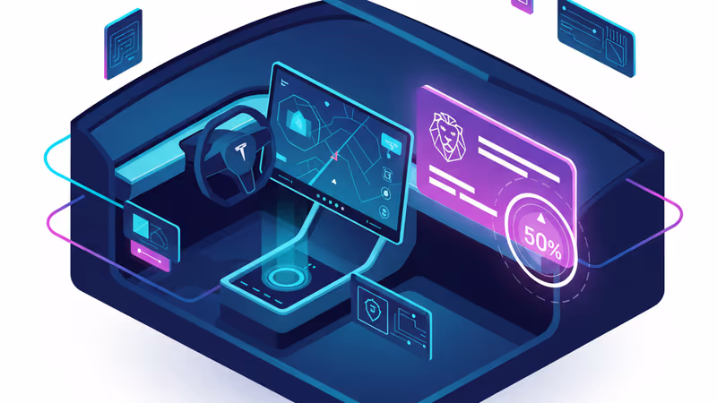 走行中のテスラ車内で、AIによる安全評価と保険料の割引が表示されているイメージ