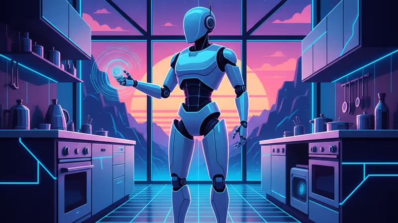 현대적인 주방에 서 있는 LG CLOid 홈 로봇의 모습