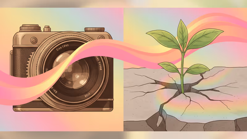 A green sprout growing through concrete next to an old camera lens