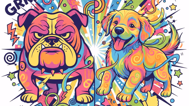 A large dog giving side-eye to a small puppy