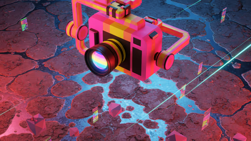 泥に浸かった三脚と映画用カメラ、背景にはライトセーバーのような光の反射