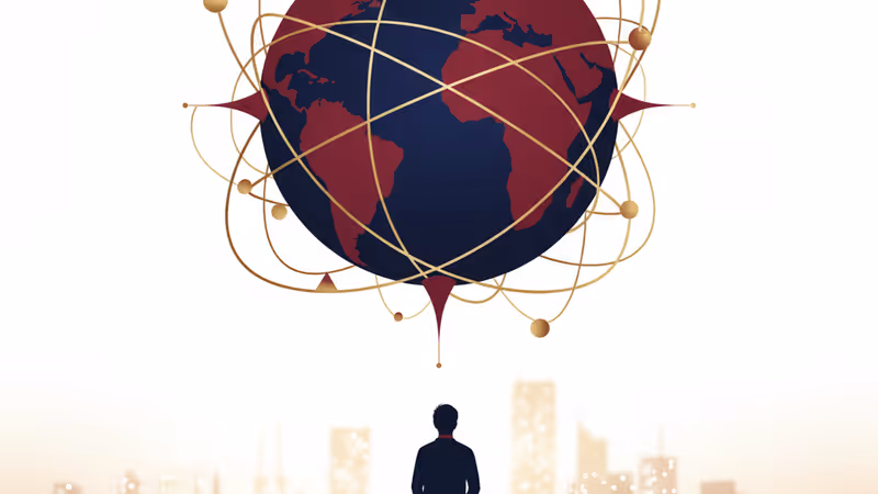 一位如影隨形、半透明的人物剪影站立在繁華都市背景中