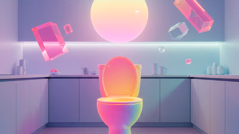 A bizarre kitchen with a toilet in the center, showing a massive design fail.