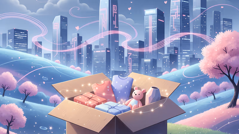 引っ越し荷物に囲まれ、窓の外を見つめる登場人物の物憂げな表情